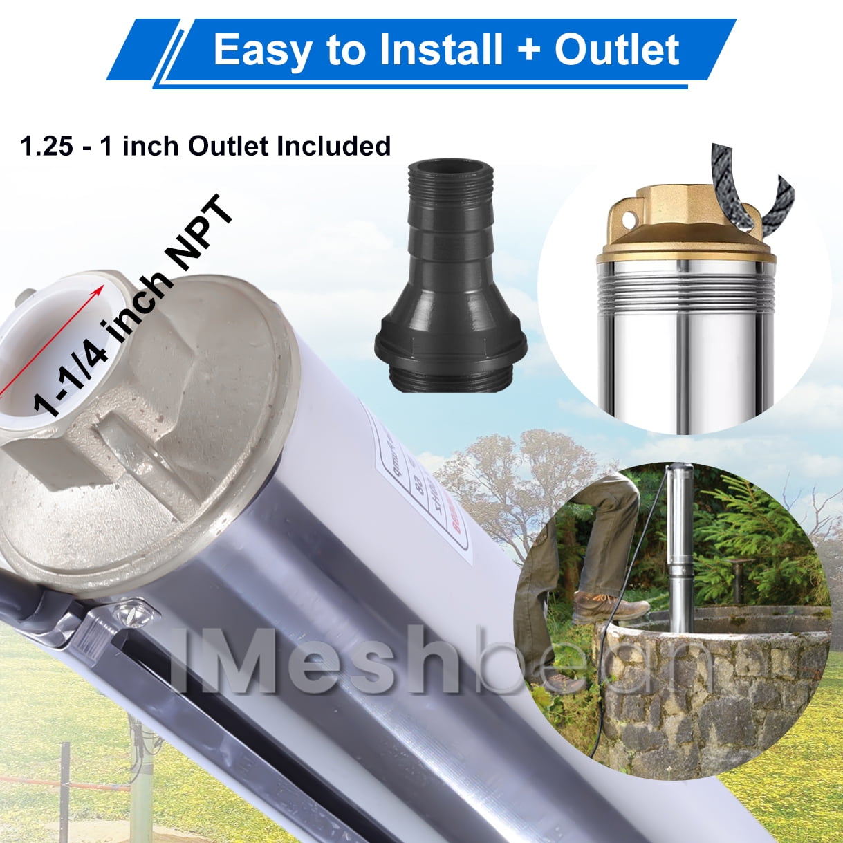 iMeshbean Deep Submersible Well Pump 1 HP Submersible Well Pump 110V Water Pump 37GPM 207ft Head with 100ft Electric Cable Stainless Steel Water Well Pumps Submersible w/ Bonus Outlet