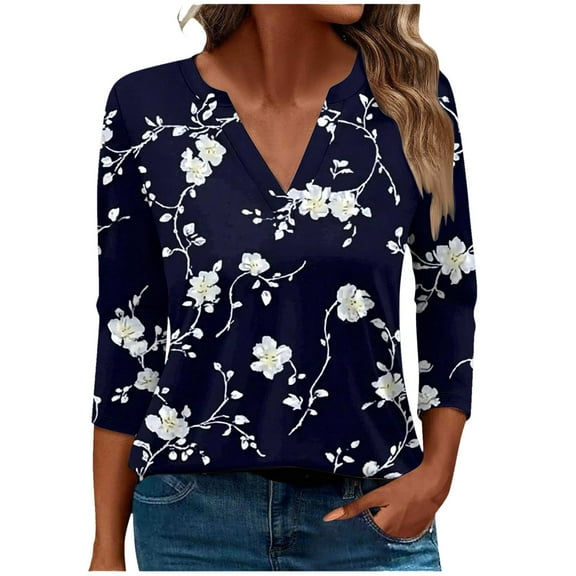 CYMMPU Flower Pattern 3/4 Sleeve Spring Tops Blouses for Women Dressy Casual Loose Fit T-Shirts V Neck Fall Fashion Shirts Business Elegant Work Topss S