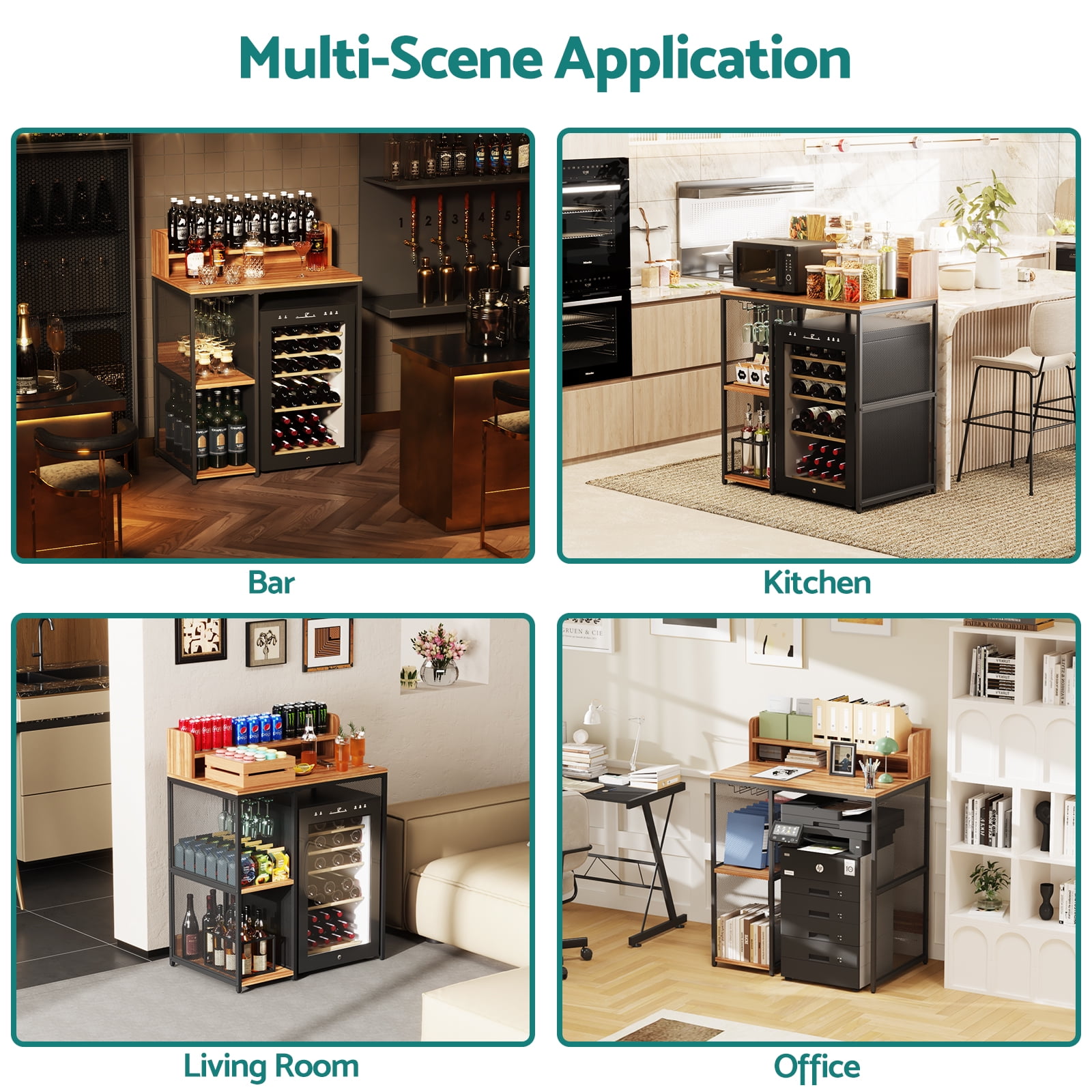 Advwin 4-Tier Mini Fridge & Microwave Oven Stand, Adjustable Kitchen Bakers Rack, Industrial Style Freestanding Utility Storage Shelf for Living Room, Dorm, Office, Bar, Natural