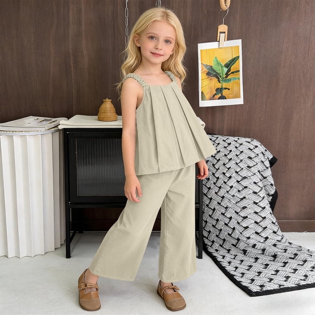 Conjuntos de blusas y camisas de cuello redondo y manga corta para niña Conjunto de dos piezas de blusa plisada sin mangas con cuello redondo y pantalones anchos de color liso Conjunto de poliéster pa