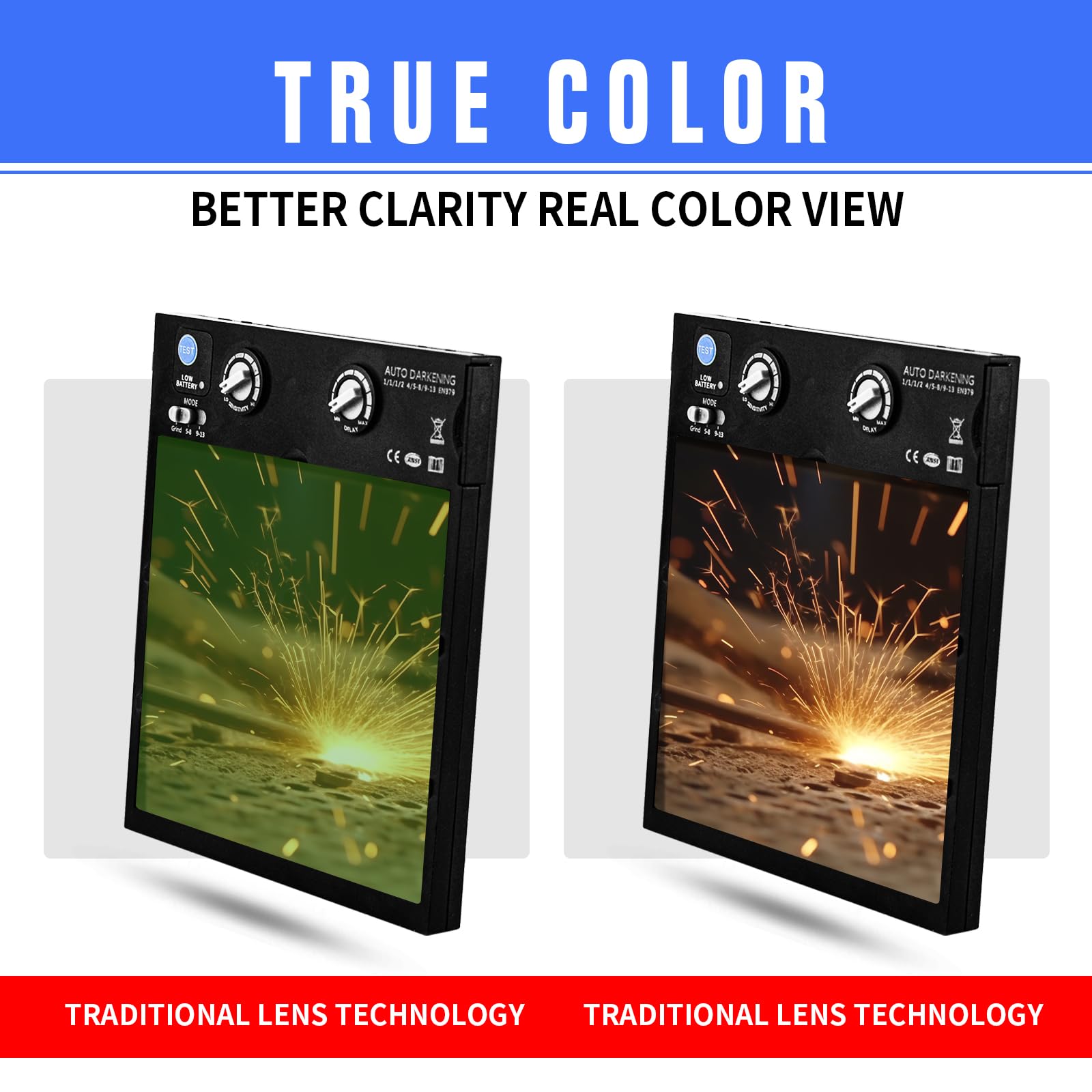 TRQWH Welding Helmet Auto Darkening Large Viewing True Color Solar Powered Welding Mask with 4 Arc Sensor Adjustable Wide Shade Range 4~5-8/9-13 Welder Mask with Grinding