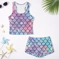 thumbnail image 5 of COEQINE Tankini for Girls 2 Piece Swimsuit Ages 12-13 Years with Removable Pads Printed Modest Bathing Suits Crewneck Tank Top and Swim Shorts Polyester Spandex, Purple Mermaid Scales Bubble, 5 of 8
