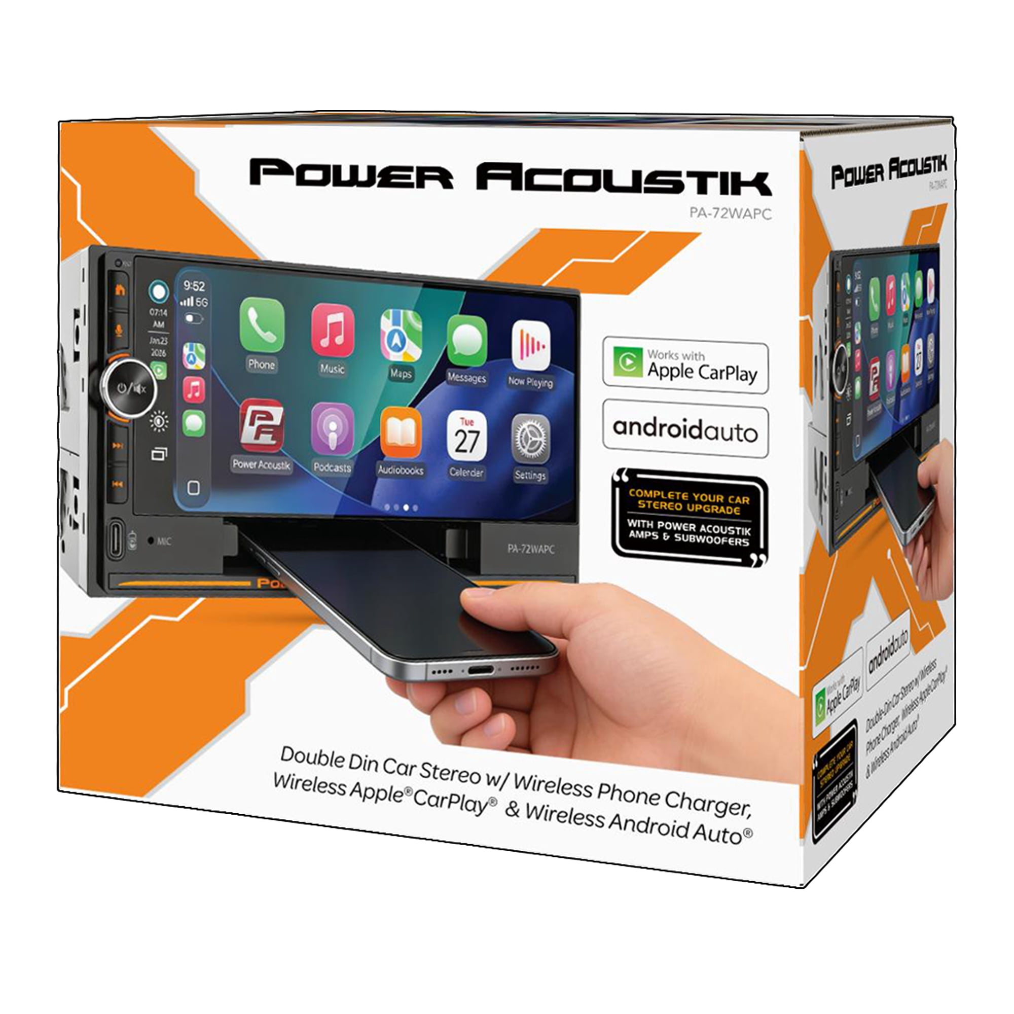 Power Acoustik PA-72WAPC 7-Inch 2-DIN Car Stereo, Wireless Apple CarPlay and Android Auto, Bluetooth, Wireless Charging