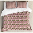thumbnail image 1 of Rose Queen Size Duvet Cover Set, Romanticism Theme Big Blossoms with Green Leaves on Retro Polka Dots, Decorative 3 Piece Bedding Set with 2 Pillow Shams, Rose Dried Rose Reseda Green, by Ambesonne, 1 of 3