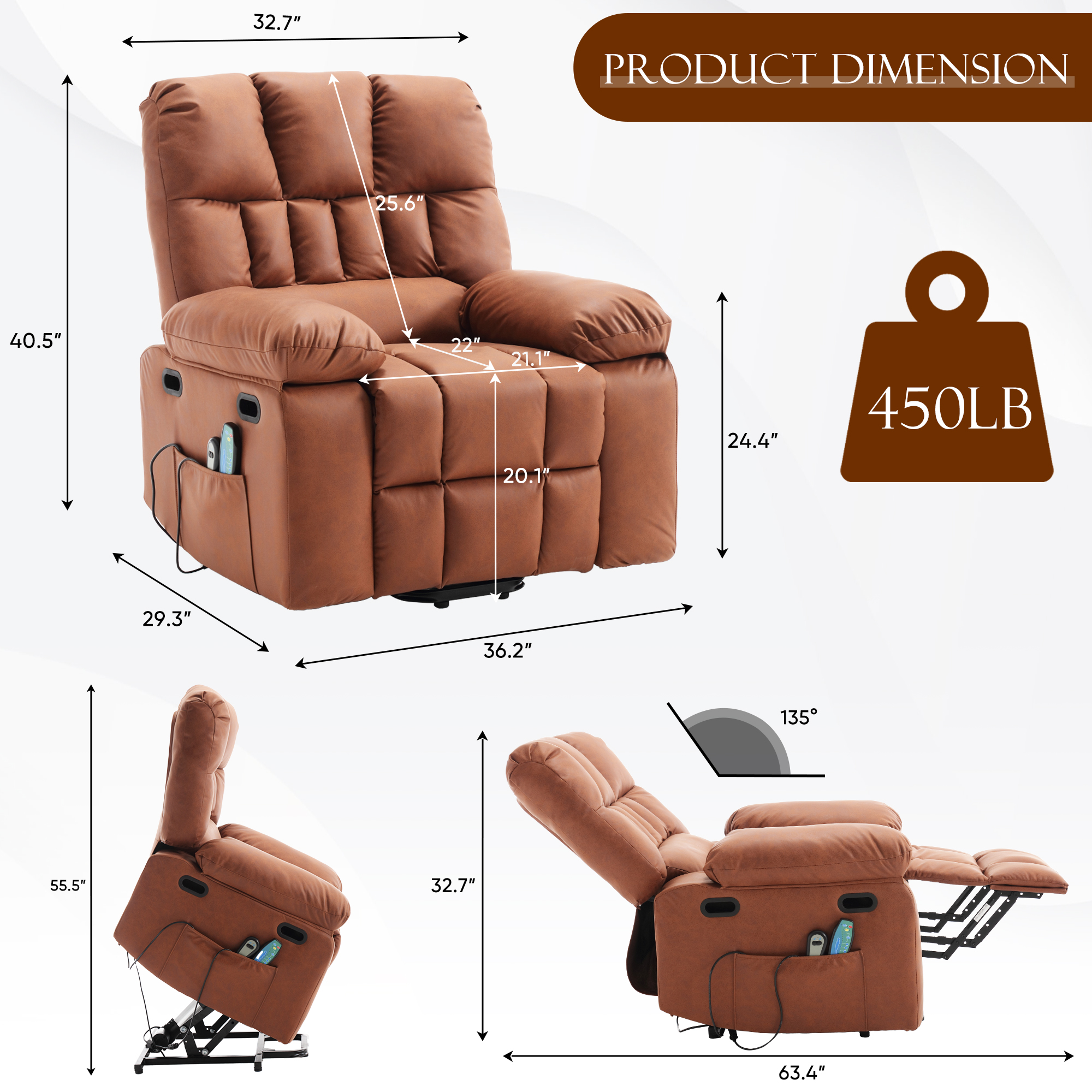 Muumblus Oversize Power Lift Recliner Chair Recliners for Elderly, Heat and Massage, PU Leather Sofa Chair for Living Room Bedroom, Light Brown - image 3 of 9