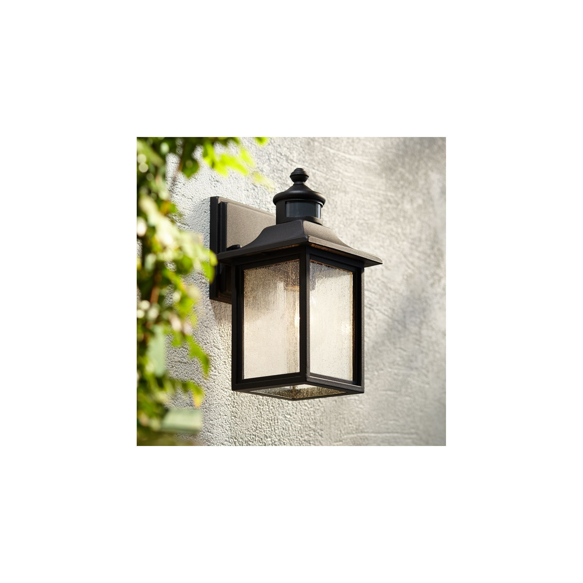 John Timberland Moray Bay Mission Outdoor Wall Light Fixtures Set of 2 Black Dusk to Dawn Motion Sensor 11 1/2" Seedy Glass for Exterior