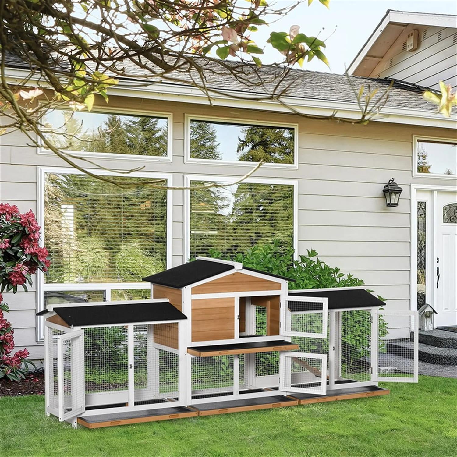 resenkos 90" Wooden Rabbit Hutch with Double Side Run Boxes, Outdoor Small Animal Habitat Chicken Coop Bunny Cage for Bunnies, Guinea Pigs, Brown