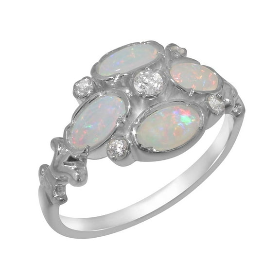 LBG British Made 925 Sterling Silver Natural Diamond & Opal Womens Statement Ring - 33 size options - Size 10