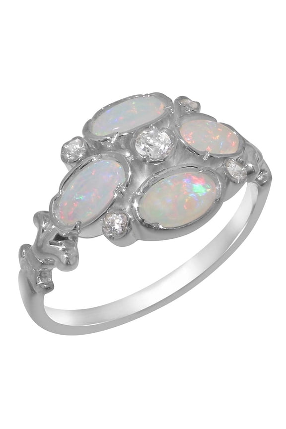 LBG British Made 14k White Gold Cubic Zirconia & Natural Opal ring Womens Statement Ring - 33 size options - Size 11.75
