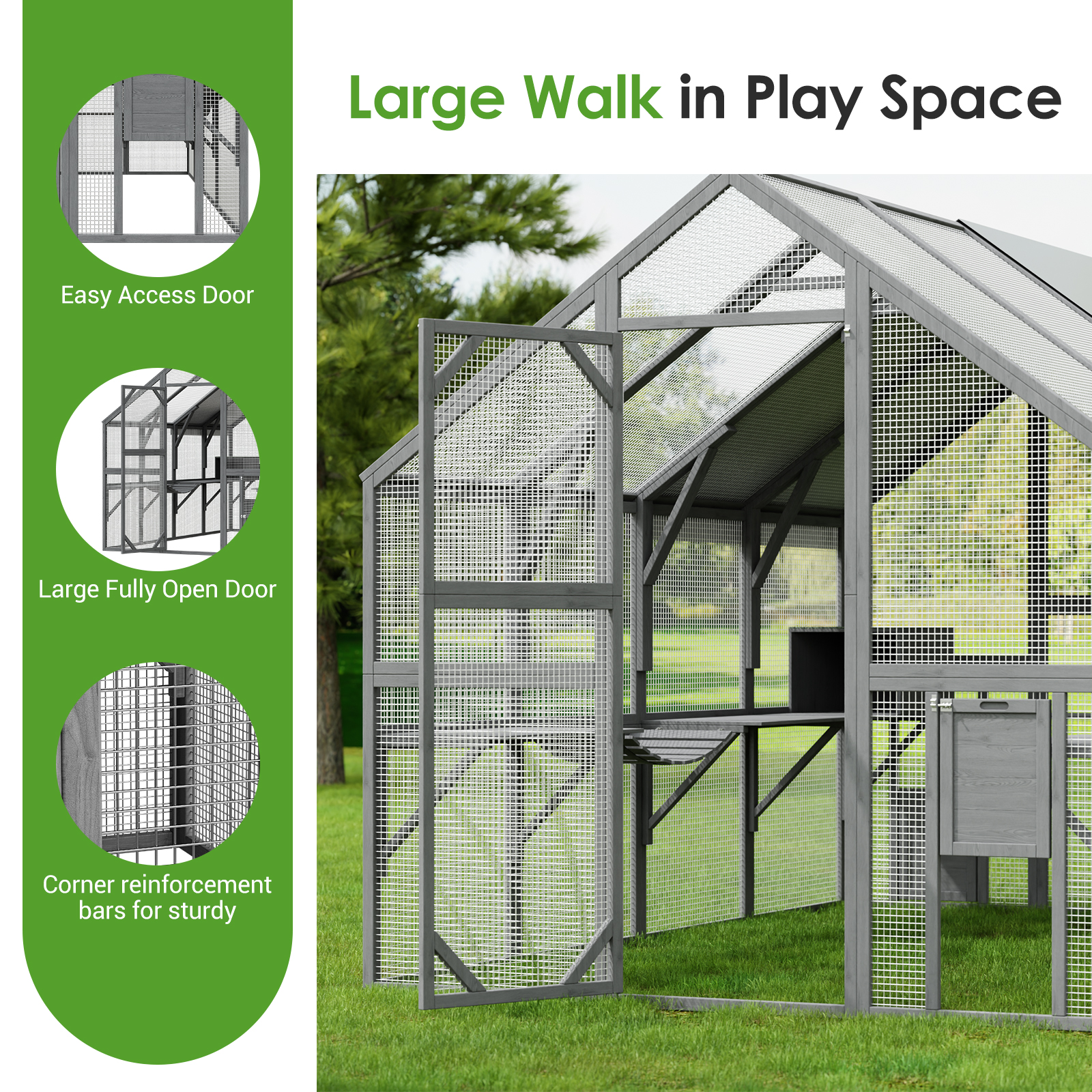 NARTRU 57.2ft² Large Wooden Outdoor Cat House, Cat Run Enclosure Walk in Cat Catio Cage with Enter Door, 2 Cat Doors, Roof Cover