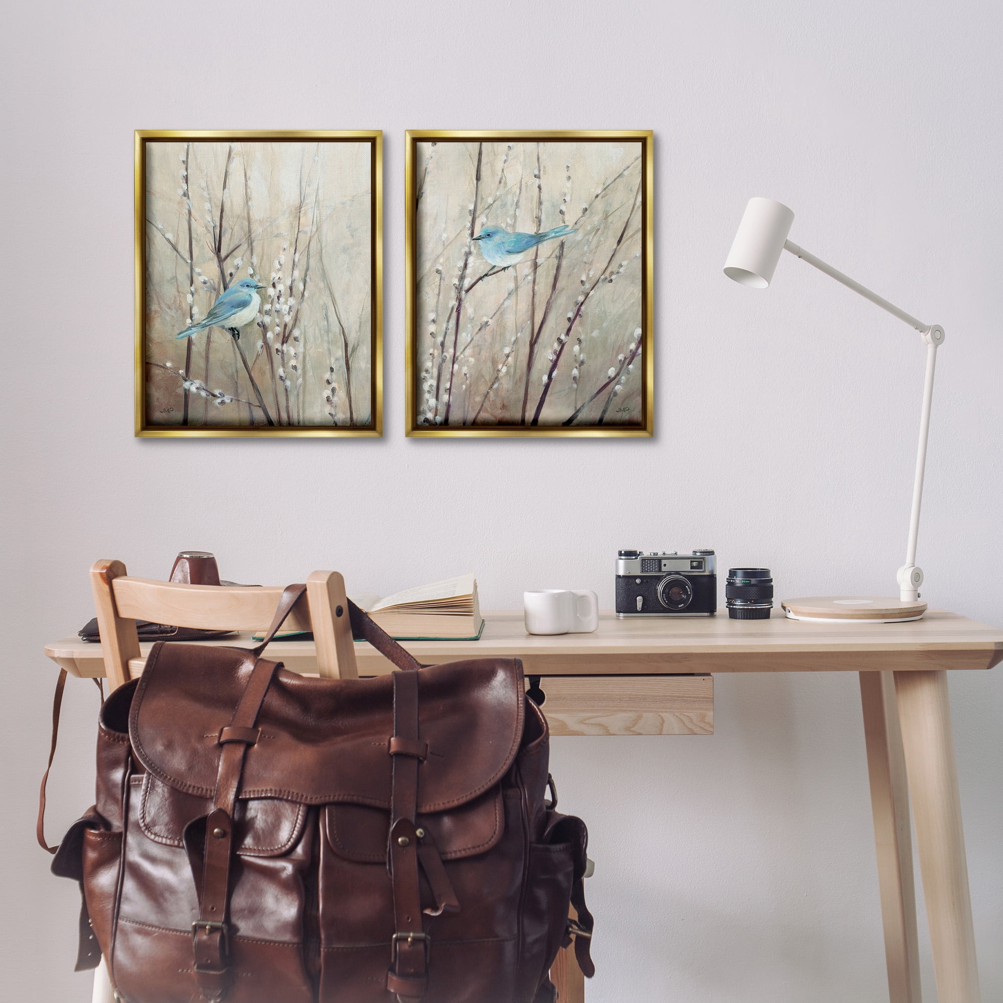 Stupell Industries Peaceful Perched Blue Birds Animals & Insects Painting Gold Floater Framed Canvas Art Print Wall Art, 17 x 21, Set of 2