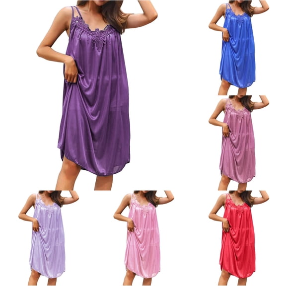 XIAOCHA Women's Lace Applique Nightgown Spaghetti Strap Loose Midi Sleep Dress