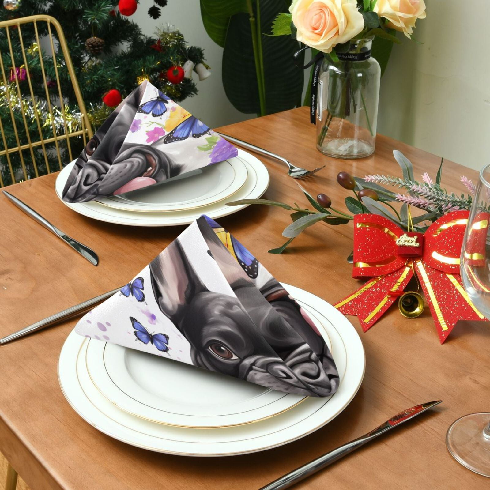 JSTEL Bulldog Puppy Butterfly Cloth Napkins Set of 6, 20x20 Inch Washable and Reusable Napkin for Decoupage Dinner Party Everyday Use