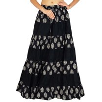 Amoghah Boho Style Cotton Floral Print Long Flaired Skirt Elastic Waist Bottoms