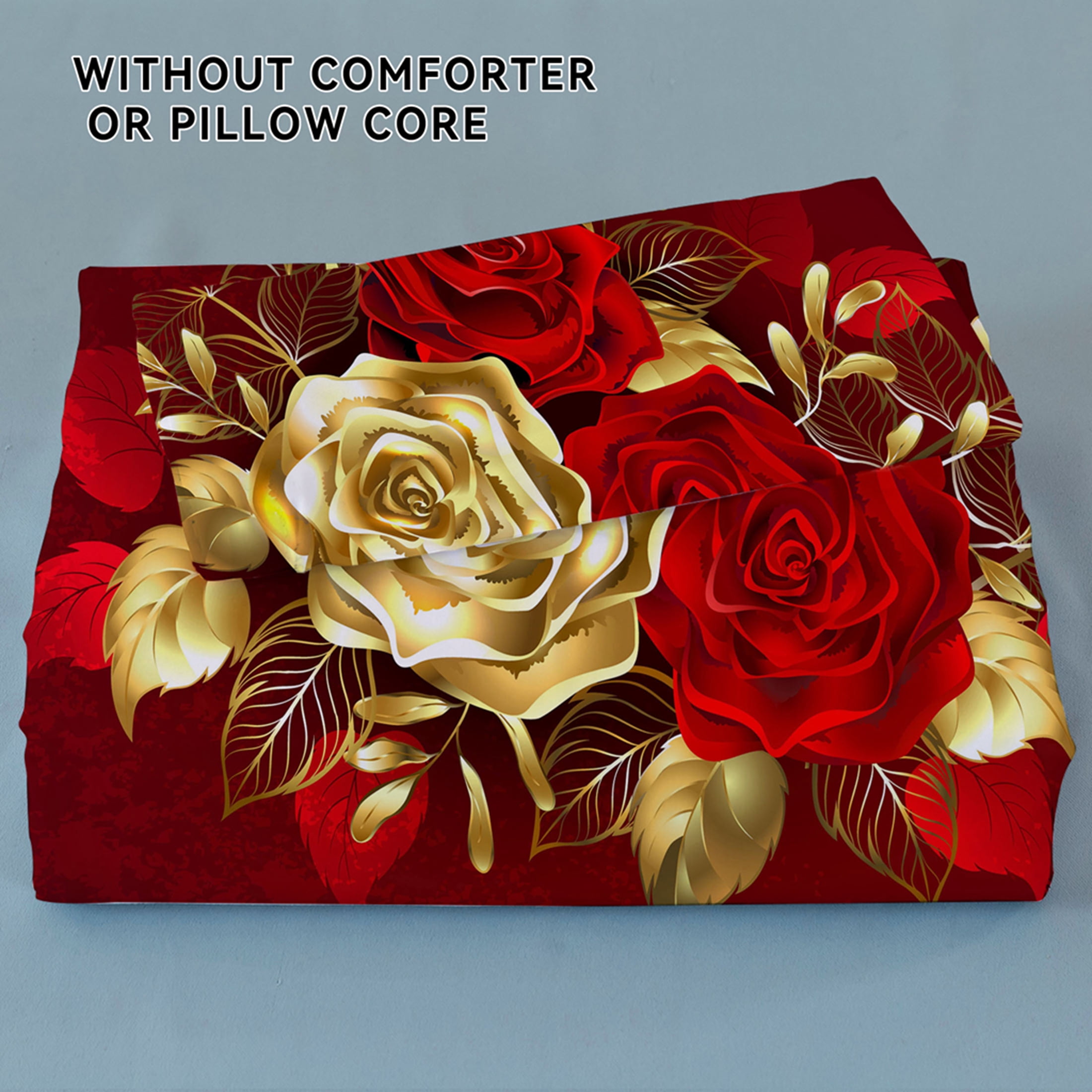Orylavena 3D Gold Red Rose Microfiber Duvet Cover Set, White Back, Twin
