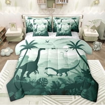 Feelyou Jungle Dinosaur Print Twin Bedding Sets 7-Piece for Teens, Palm Leaf Coconut Tree Bedding Comforter Set, Cartoon Animal Reversible Sheet Sets, Microfiber Bedroom Decor