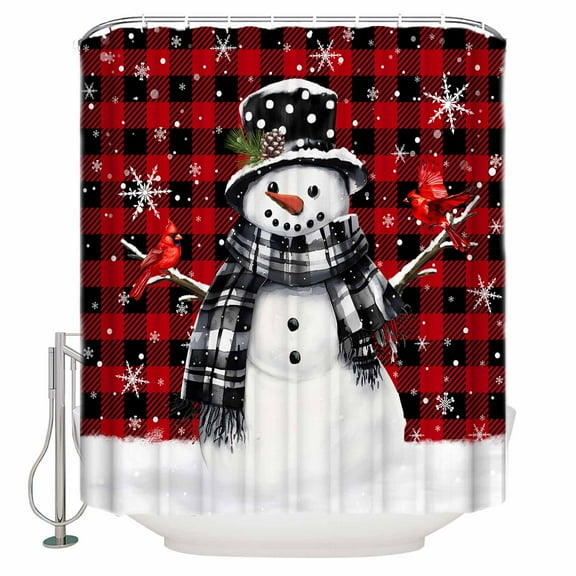 Extra Long Shower Curtain 72x84 Inch, Red Black Plaid Snowman Christmas Shower Curtain Waterproof Bathroom Decor Xmas Snowflake Birds Fabric Bath Curtain Set Accessories with Hooks