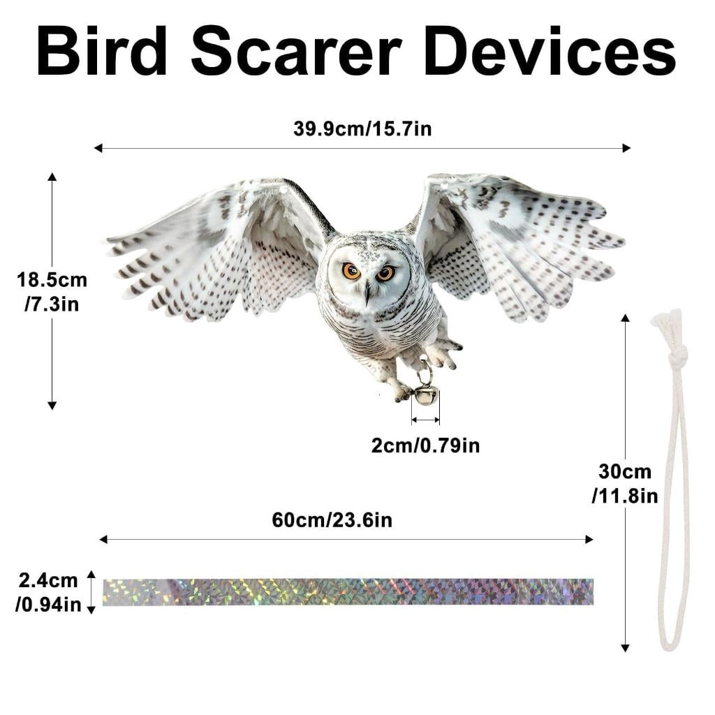 AOOOWER Double Sided Bird Scarer Device Owl Decorations with Reflective Strips and Bells to Scare Birds from Trees