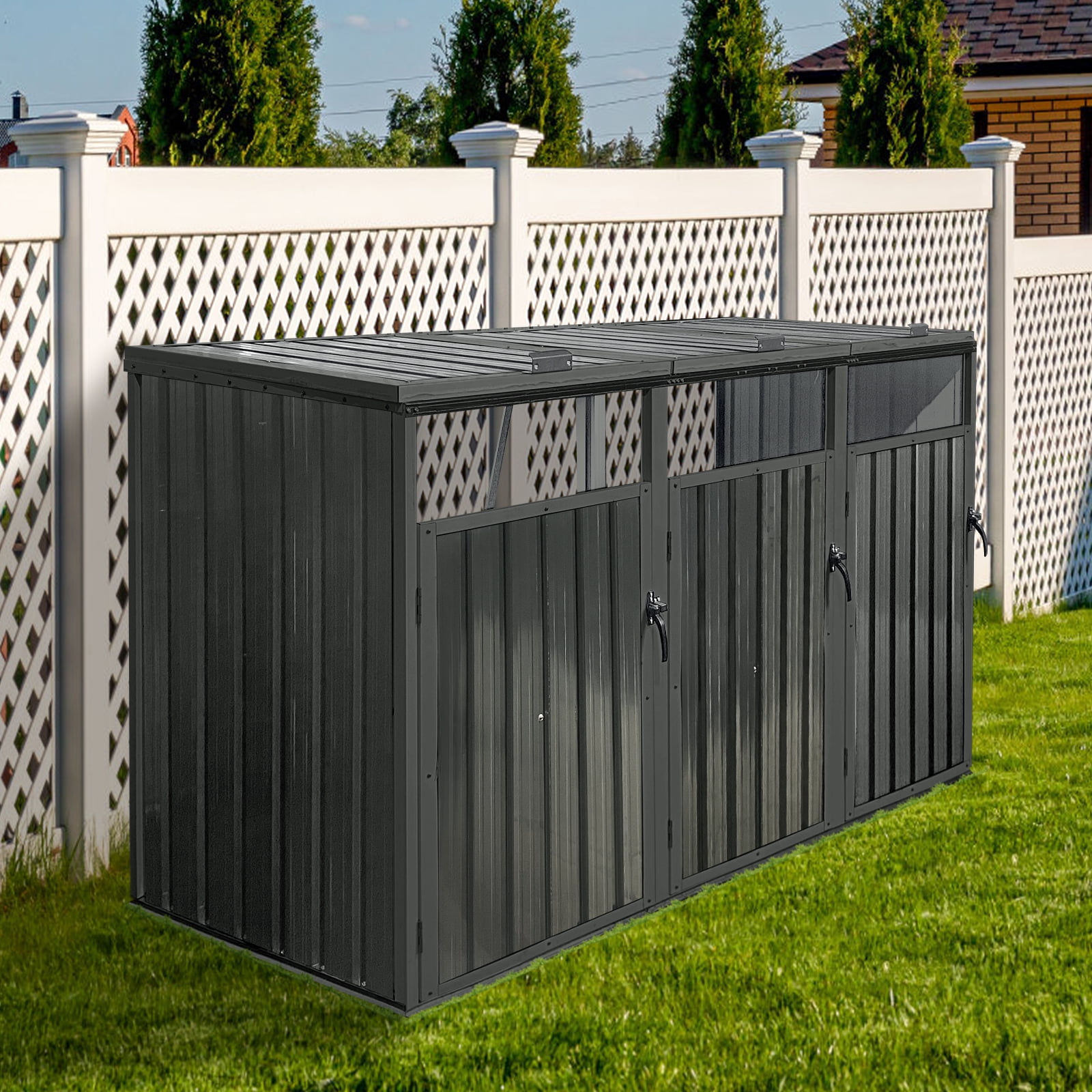 Royard Oaktree 3-Trash Can Metal Garbage Bin Shed - Outdoor Galvanized Steel Storage Shed with Lockable Lid & Ventilated Design for Garden, Yard, Pool Area, Black