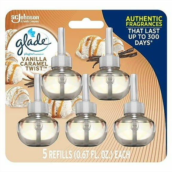 Glade PlugIns Refills Air Freshener, Scented and Essential Oils for Home and Bathroom, Vanilla Caramel Twist, 3.35 Fl Oz, 5 Count