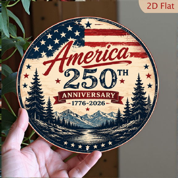 2D Flat, USA 250th Anniversary Round Aluminum Decorative Signs & Plaques, Vintage American Flag Liberty Wall Decor, Patriotic Metal Sign for Home Porch Office