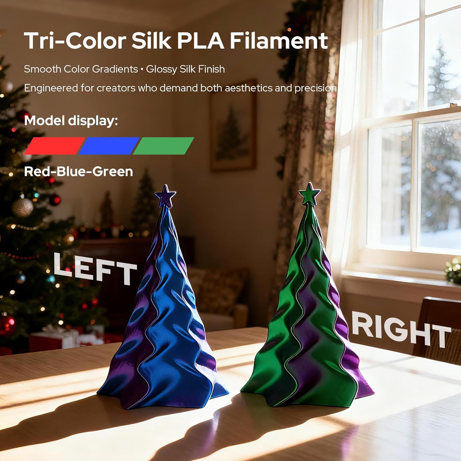 PLA Filament 1.75mm, Tri-Colors Gradient Rainbow Silk PLA Filament ±0.02mm - Metal 3D Printer Filament for Ender 3 V2, 3D Printer, Lithophane,1KG Spool(2.2lbs), Red/Blue/Green