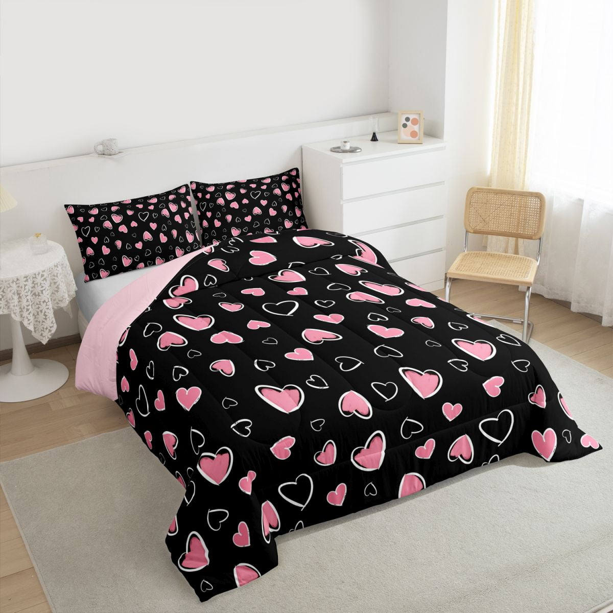 Feelyou Chic Love Heart Full Size Comforter Sets for Kid, Abstract Grey Bedding Comforter Set, Modern Fashion Cartoon Reversible Bedding Sets, Breathable Home Decor, 3-Piece