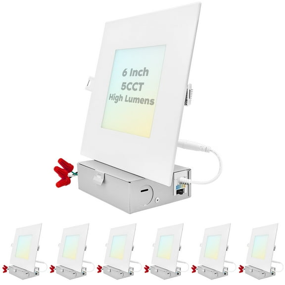 Luxrite 6 inch Ultra Thin Square LED Recessed Light with J-Box, 15W, 5 Color Selectable 2700K-5000K, 1400 Lumens, Dimmable, IC Rated 6-Pack