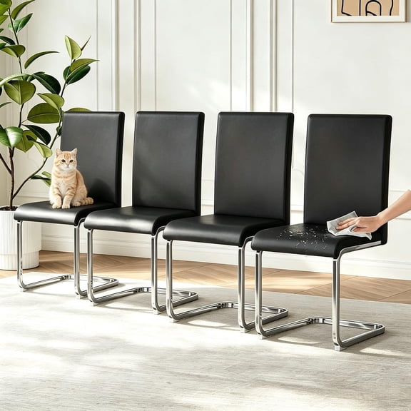 Modern Comfort Dining Chairs Set of 4, High-Back Black Faux Leather Upholstered Seat with Sturdy Metal Legs