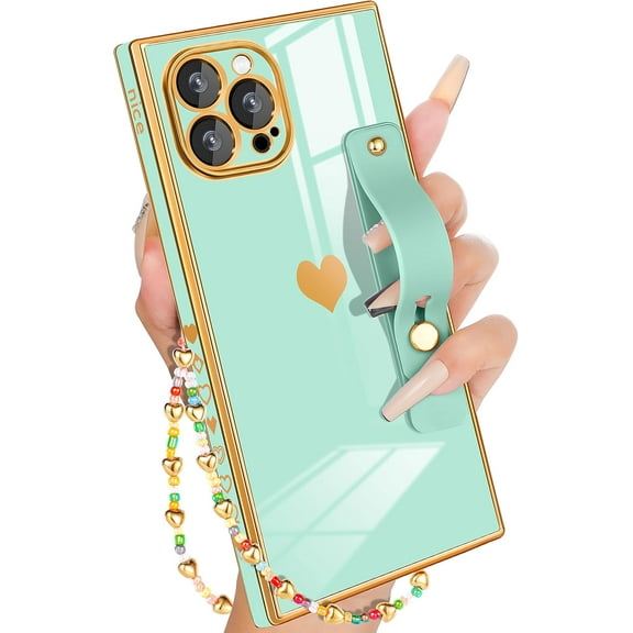 for iPhone 13 Pro Case Loopy Stand/Strap, Luxury Cute Women Girls Heart Electroplated Designer Squared Edge Phone Cases for 13 Pro, Mint Green