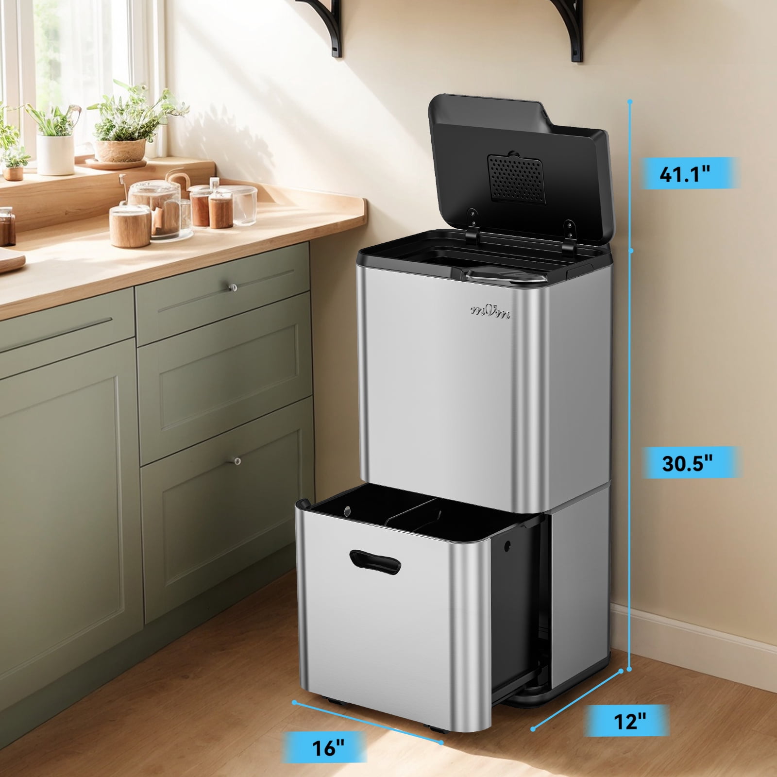 mVm 16 Gal Stainless Steel Trash Can , Dual Compartment (32L+28L) Brushed Steel Garbage Bin with Lid and Odor Filter