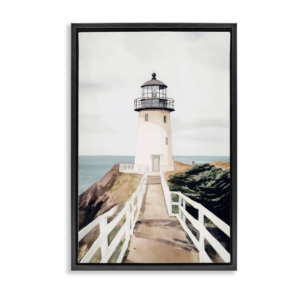 Stupell Industries Rustic Lodge Watercolor Lighthouse Path Black Floating Frame Canvas Art, 17 x 25, by Sisi and Seb