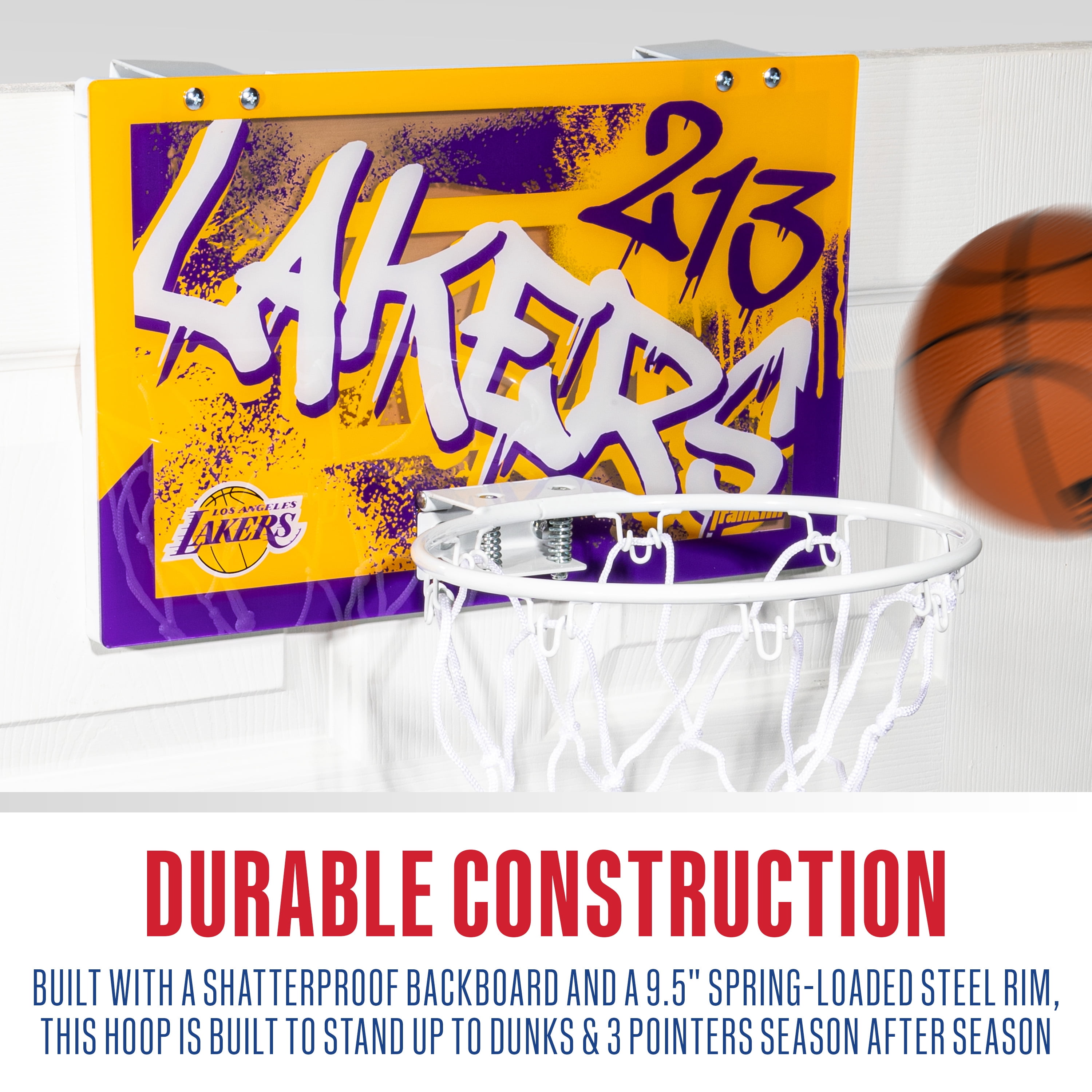 Franklin Sports NBA Los Angeles Lakers Over the Door Basketball Hoop - Kids Indoor Basketball Hoop with Mini Basketball - NBA Fan Shop Mini Hoop for Bedroom + Office - Over the Door Mini Hoop Set