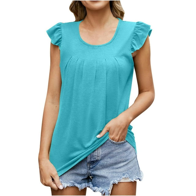 Timegard Camisoles pour Femmes Col Rond à Volants Manches Courtes Plissées Confortables Chic Décontracté Tuniques Hauts Blouse