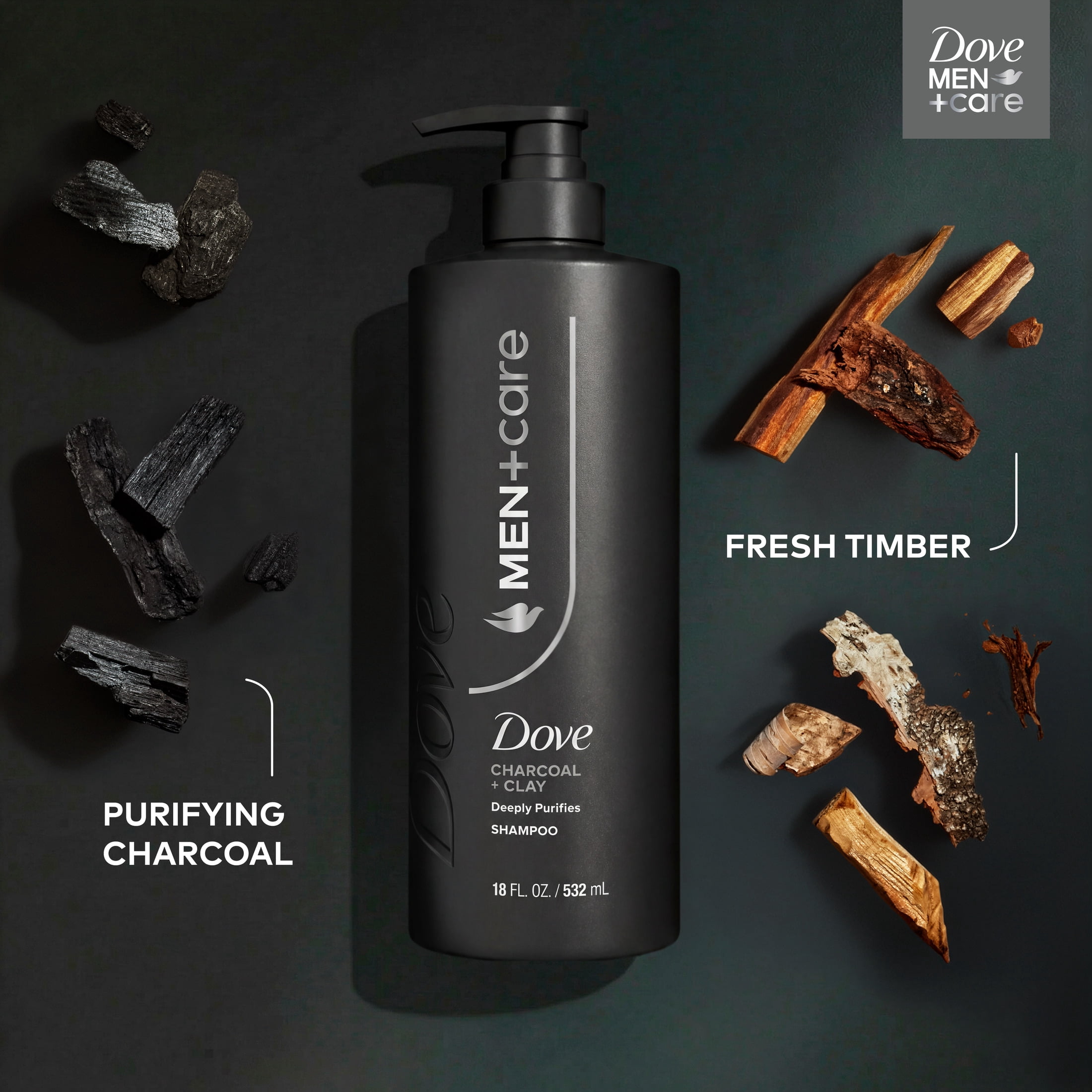 (4 pack) Dove Men+Care Shampoo for Real Hair that Powers Up Hair Strength Charcoal + Clay with Deep Purifying Benefits, 18 fl oz 1 Count