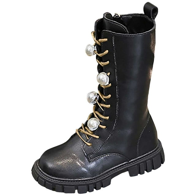 Yammkia Black Combat Boots Girls Combat Boots for Girls Lace Up Riding Boots Mid Calf Fashion Waterproof Non Slip Side Zipper Boot Fall Winter Spring Size 10 (Black,Little Kids 10)