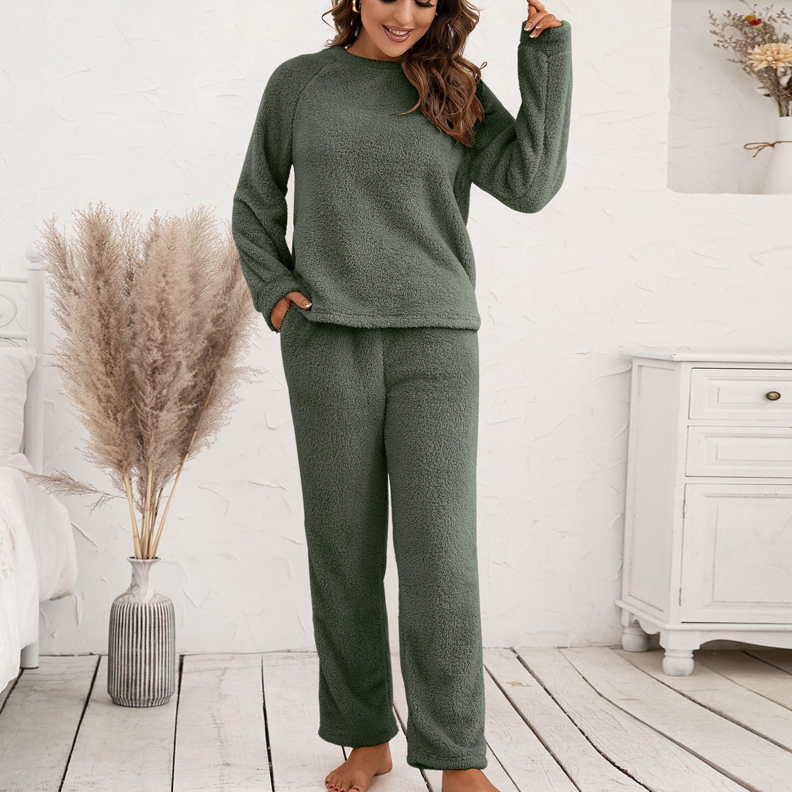 Pyjama Femme Polaire Super Doux Et Chaud - Ensemble Haut à Fermeture Éclair Et Pantalon Large - Vêtement De Nuit Confortable
