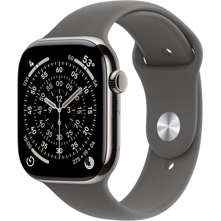 Apple Watch Series 11 [GPS + Cellular 42mm] Smartwatch with Natural Titanium Case with Stone Gray Sport Band - S/M