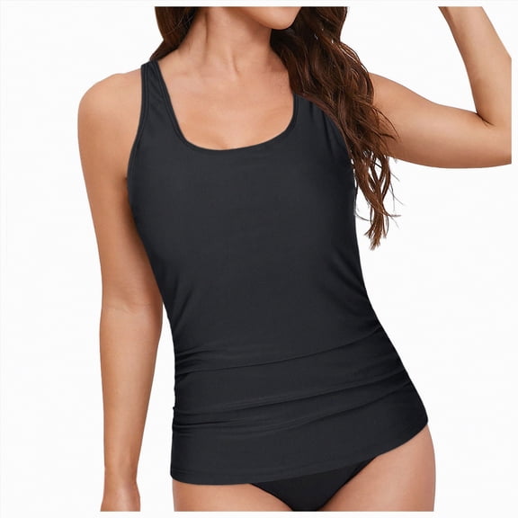 HCNTES Womens Plus Size Tankini Tops Built-in Bra Bathing Suit Tops Casual Loose Blouson Swimsuits Tops(Black,L)