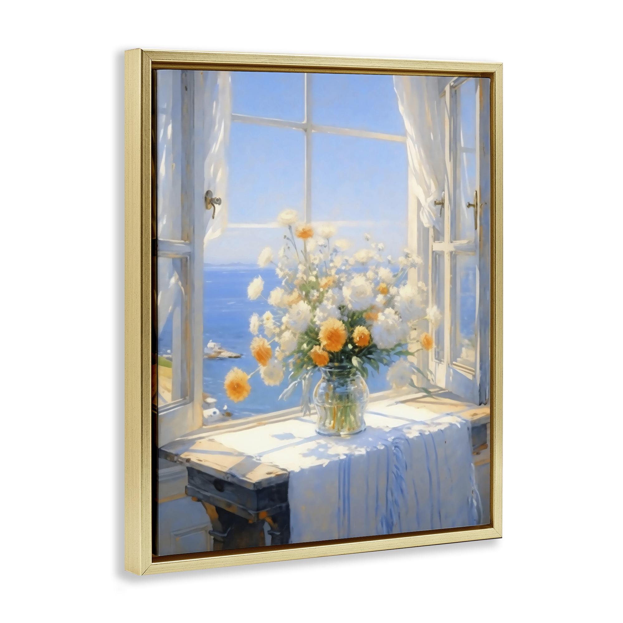 Stupell Industries Floral Window View of Sea Gold Framed Floater Canvas Wall Art, design by Creative Studio