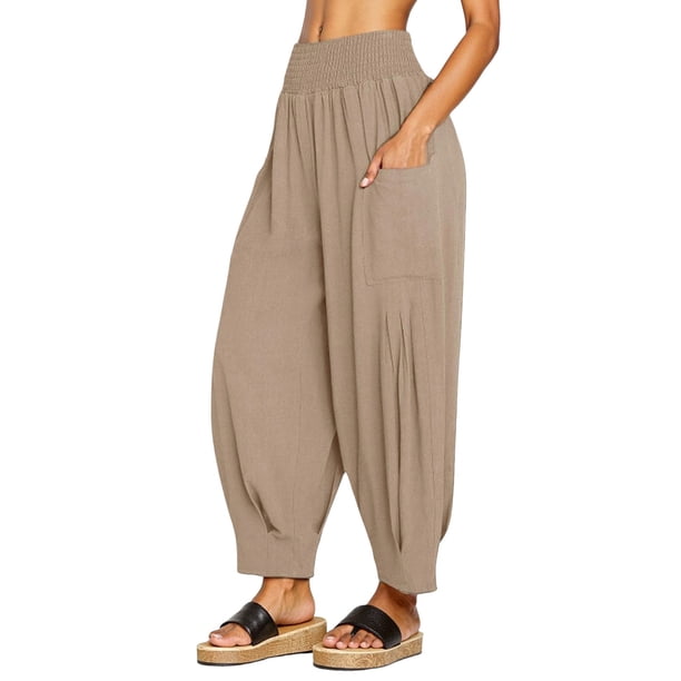 Pantalones boho harem de lino para mujer: pantalones de cintura alta y pierna ancha con bolsillos, cintura elástica con cordón, tallas S-XXXL