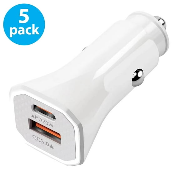 USB C Car Charger, 5-Pack USB Type C Fast Power Charging Block Dual Port USB A & USB C Plug Adapter Compatible with iPhone, iPad, Samsung Galaxy, LG, Google Pixel, Moto, USB-C Port (White)