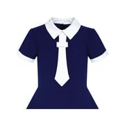 Girls Dress Back School Uniform Navy Blue White Collar Tie Short Sleeve 5 Years