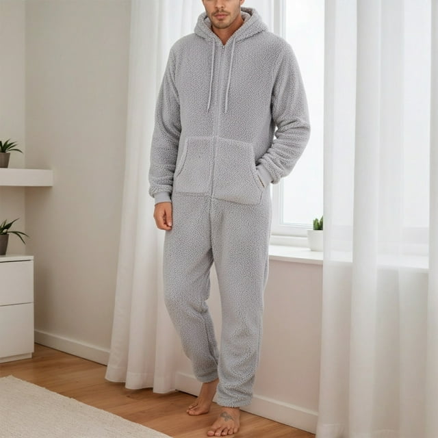 Timegard Mens Rompers Plus Size Winter Drawstring Hoodies Homewear Zip up Warm Comfy Jumpsuit with Pockets