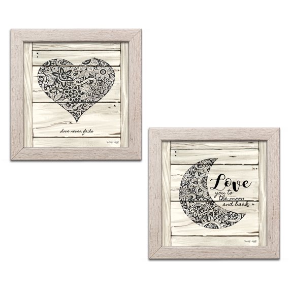 Gango Home Decor Country-Rustic Love Never Fails & Love You to the Moon; Two 12x12in Art Prints in Distressed White Frames