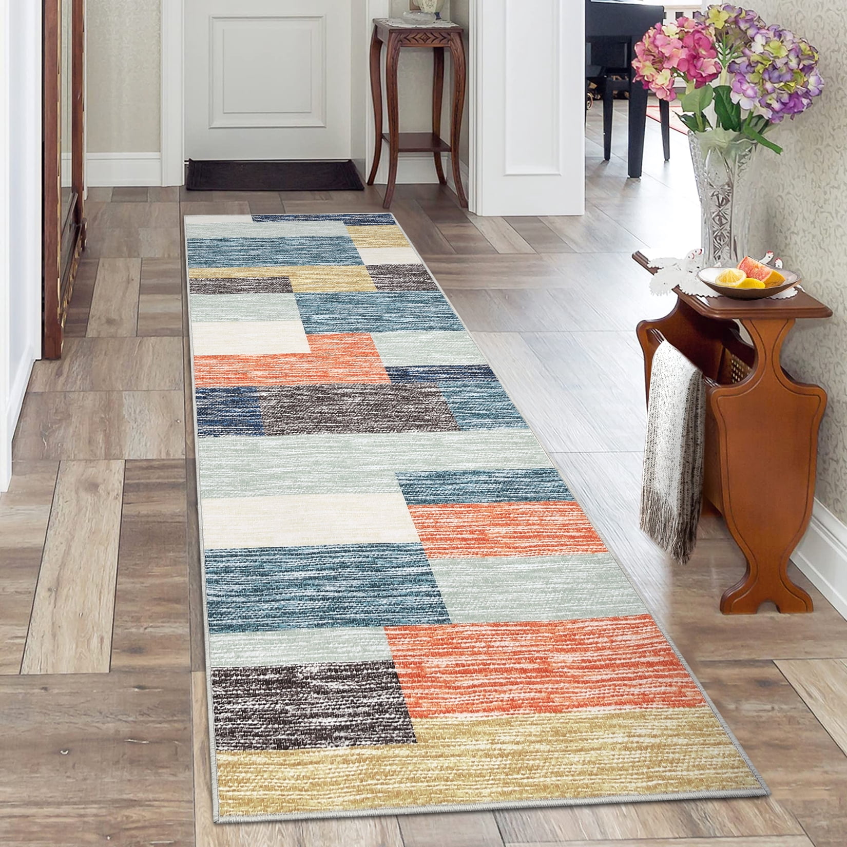 Hasoo 2' x 6' Runner Modern Geometric Patchwork Print Rug for Laundry Kitchen Non-Shedding Non-Slip Floor Mat Bedside Indoor Carpets, Red/Blue