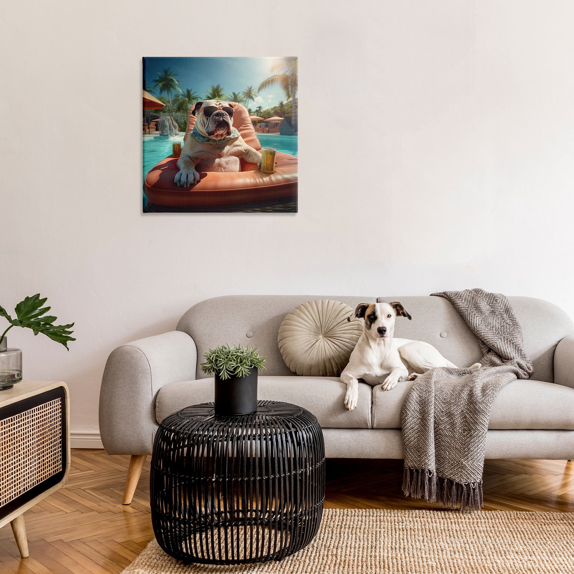 Stupell Industries Bulldog in Resort Pool Animals & Insects Painting Gallery Wrapped Canvas Art Print Wall Art, 30 x 30