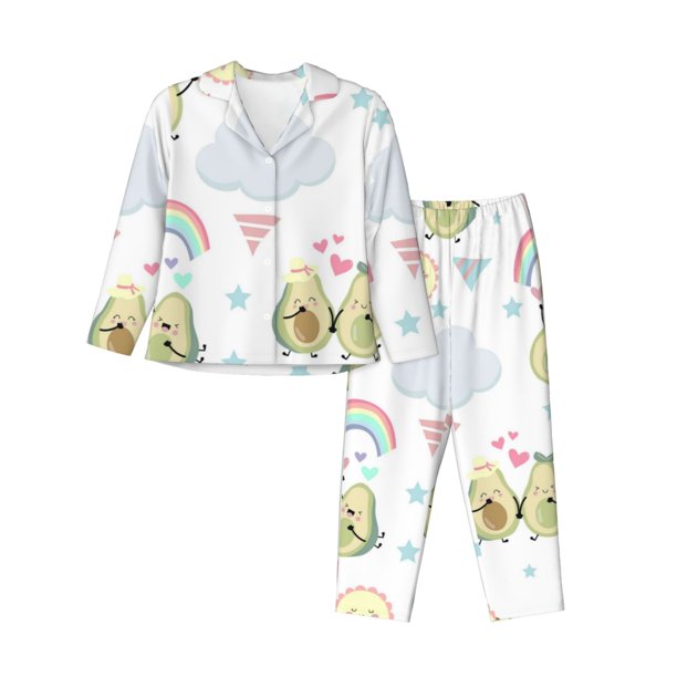Fotbe Green Blue Avocado Conjunto de Pijama de Manga Larga para Mujer con Estampado, Ropa de Dormir de 2 Piezas, Conjunto de Casa Suave y Cómodo con Bolsillos-XX-Large