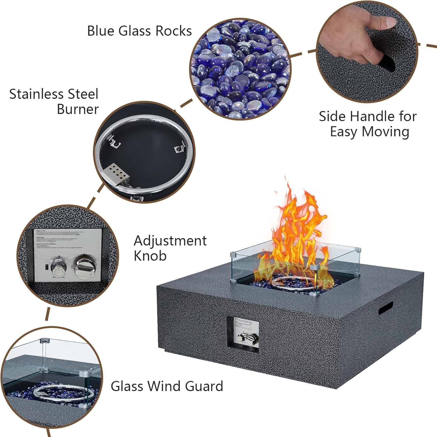Towallmark Outdoor Fire Table, 36 inch Square Fire Table 50,000 BTU w 16 inches Tank Side Table, Wind Guard, Lava Rocks & Rain Cover for Garden, Pool, Porch, Backyard