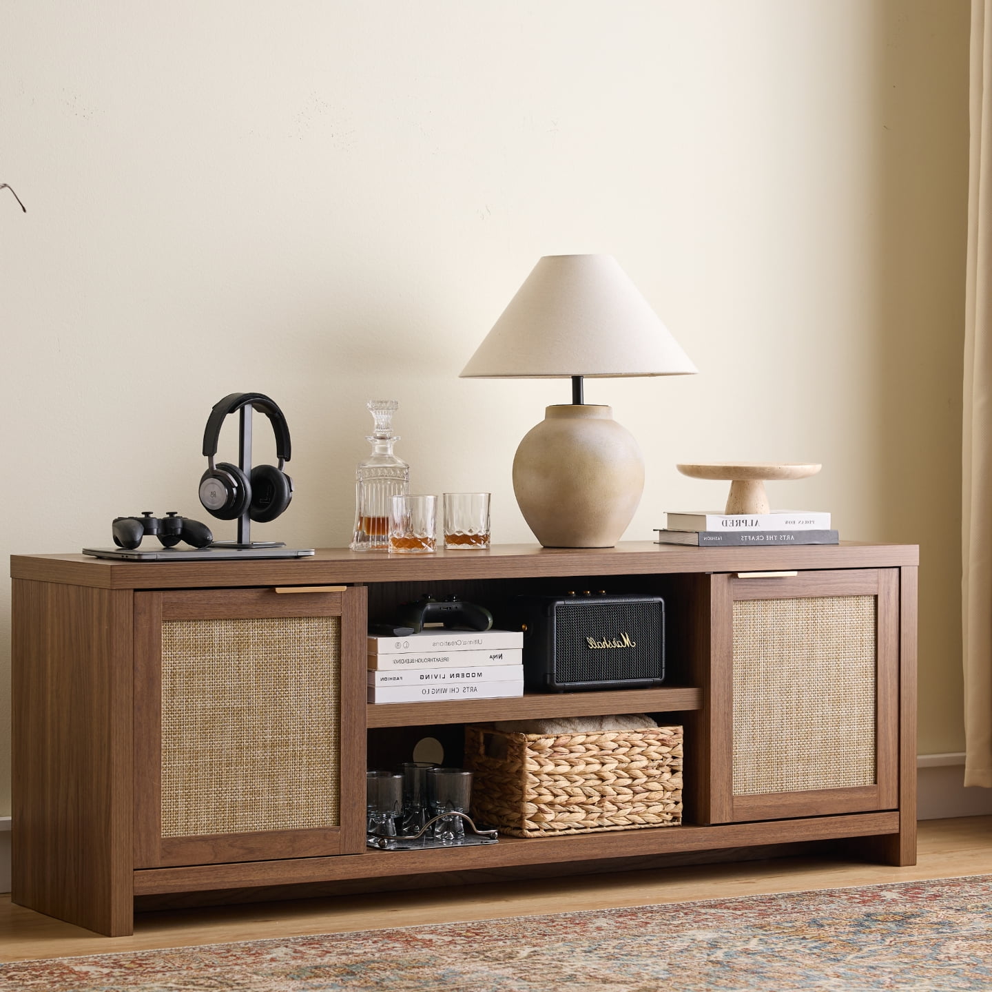 ARKANTOS Rattan TV Stand for Tvs up to 65 inch, Wood Media Console for Living Room, Classic Walnut